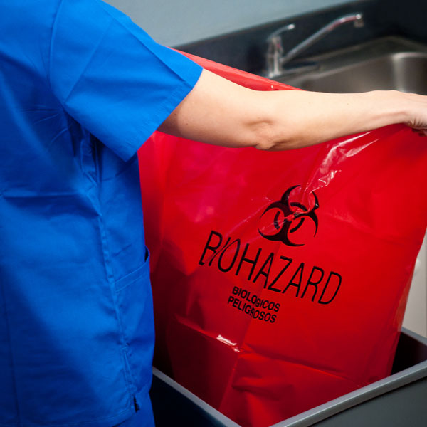 Red biohazard bag.