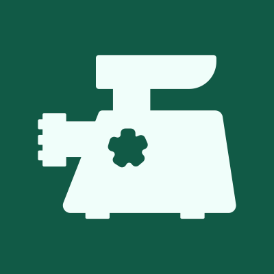 Green square with food processor icon.