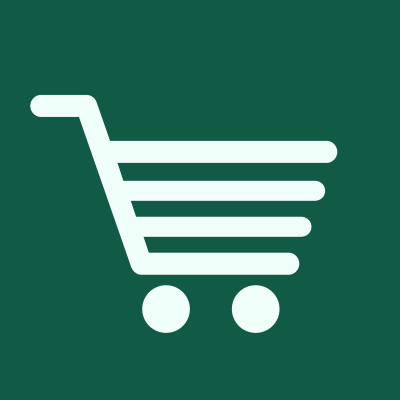Green square with shopping cart icon.